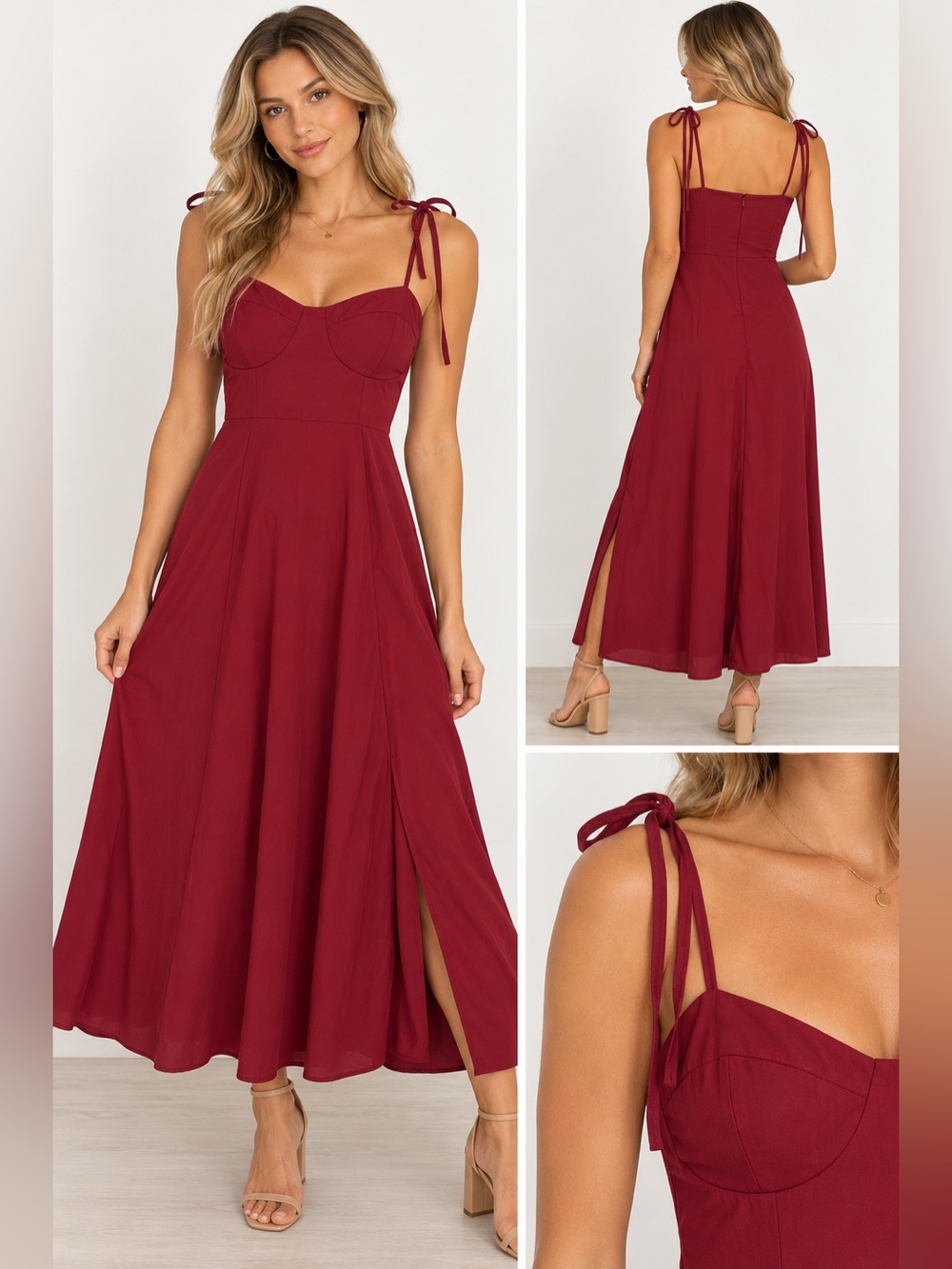SHEIN MOD Burgundy Tie Shoulder Bustier Midi Dress